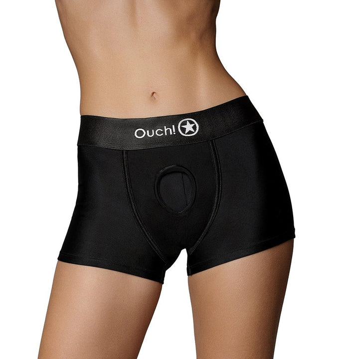 Black Vibrating Strap-On Boxer with O-Ring system and Ouch! logo on waistband, worn on model's hips and thighs.