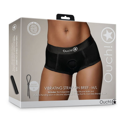 Packaging of Shots Ouch Vibrating Strap-On Brief in black, showing mid-rise brief with patent-pending adjustable O-Ring and included vibrating bullet.