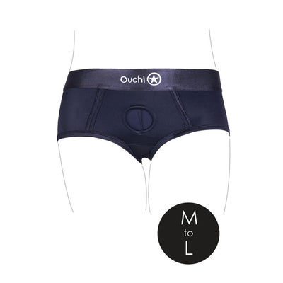 Navy blue mid-rise vibrating strap-on brief with O-Ring system, elastic waistband, and size M to L label.