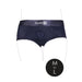 Navy blue mid-rise vibrating strap-on brief with O-Ring system, elastic waistband, and size M to L label.