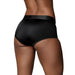 Rear view of a person wearing black mid-rise vibrating strap-on brief with smooth, elastic fabric and wide waistband.