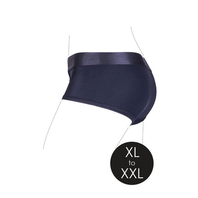 Navy blue mid-rise vibrating strap-on brief shown on a mannequin outline, size XL to XXL.