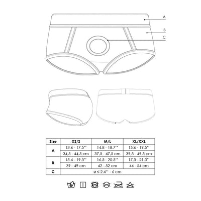 Technical line drawing of the Shots Ouch Vibrating Strap On Brief showing front, side, and back views with size measurements and care icons.