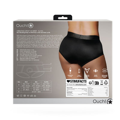 Packaging back of Shots Ouch Vibrating Strap On Brief showing product details, sizing chart, and a model wearing black strap-on panties.