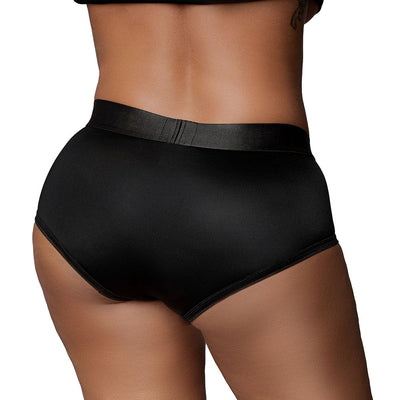 Back view of black mid-rise Vibrating Strap On Brief made from smooth, elastic fabric for a comfortable fit.