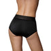 Back view of a person wearing black mid-rise vibrating strap-on brief with a smooth, fitted design.