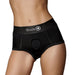 Black mid-rise vibrating strap-on brief with Ouch! logo and central O-ring opening, modeled on a torso.