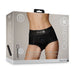 Packaging of Shots Ouch Vibrating Strap On Brief in black with mid-rise fuller cut design shown on model.