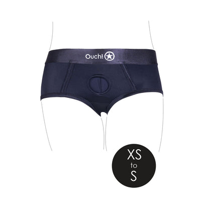 Navy blue mid-rise vibrating strap-on brief with O-Ring system, designed for XS to S sizes, featuring elastic waistband and breathable fabric.