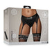 Packaging of Shots Ouch vibrating strap-on thong with adjustable garters shown on model wearing black size M/L