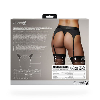Packaging of Shots Ouch Vibrating Strap-On Thong with adjustable garters shown on model wearing black sheer stockings.