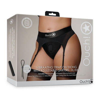 Packaging of Shots Ouch vibrating strap-on thong with adjustable garters in black, size XL/XXL, featuring a 10-speed silicone bullet.