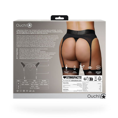 Packaging of Shots Ouch Vibrating Strap-On Thong with adjustable garters shown from the back on a model.