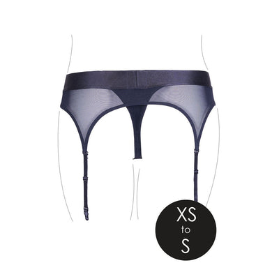 Navy blue vibrating strap-on thong with adjustable garters, size XS to S, shown on a minimalist outline.