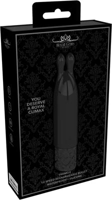 Black rechargeable silicone bullet vibrator with dual tips in elegant black packaging with decorative pattern.