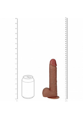Tan realistic vibrating and thrusting dildo with textured veins and suction base shown next to a soda can for size reference.