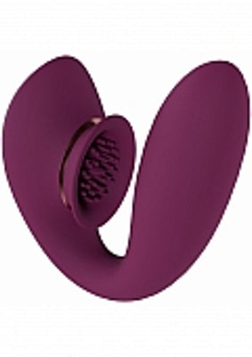 Purple silicone rechargeable vibrator with suction and textured stimulation area, designed for dual pleasure.