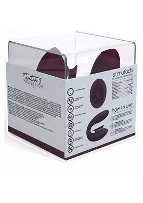 Twitch 3 rechargeable silicone vibrator and suction device in clear retail packaging with product features and usage instructions.