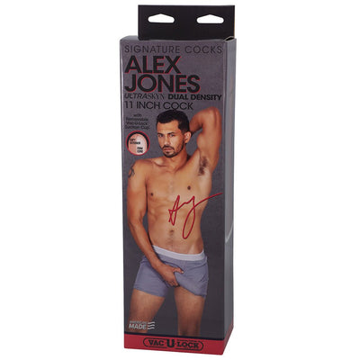 Packaging box for Signature Cocks Alex Jones 11-inch dual density dildo with removable Vac-u-lock suction cup.