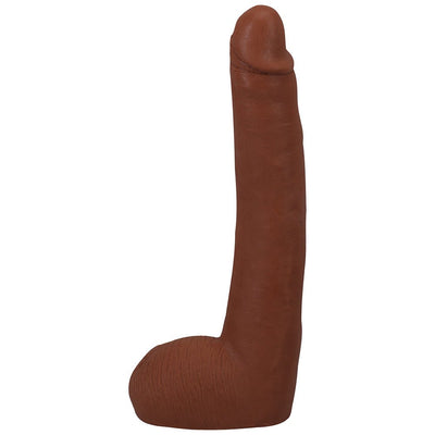 Dark brown lifelike dual density dildo with realistic texture and removable suction cup base.