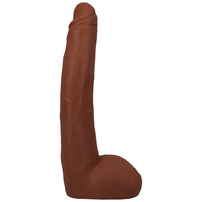 Realistic 11-inch dual density brown dildo with lifelike texture and removable suction cup base for hands-free use.