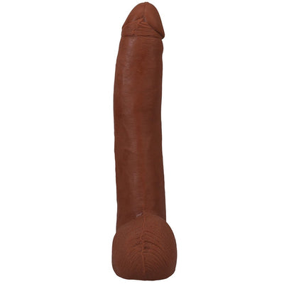 Realistic brown dual density dildo with lifelike texture and removable suction cup base, 11 inches long.