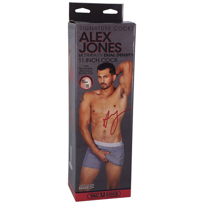 Packaging box for Signature Cocks Alex Jones Ultraskyn 11-inch dual density dildo with removable Vac-u-lock suction cup.