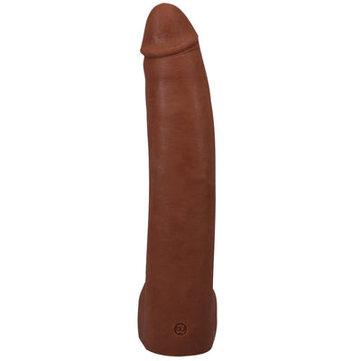 Realistic 11-inch dual density dildo in rich brown with lifelike texture and smooth head, designed for hands-free use with suction cup.