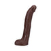 Chocolate-colored realistic textured adult toy with curved shape and suction base on white background.