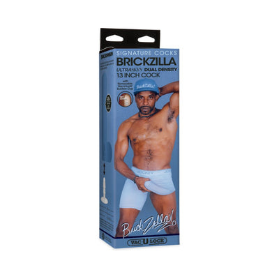 Packaging box for Signature Cocks Brickzilla Ultraskyn 13-inch dual density dildo with removable Vac-u-lock suction cup.