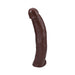13-inch chocolate-colored realistic textured dildo with a curved shape and suction cup base.