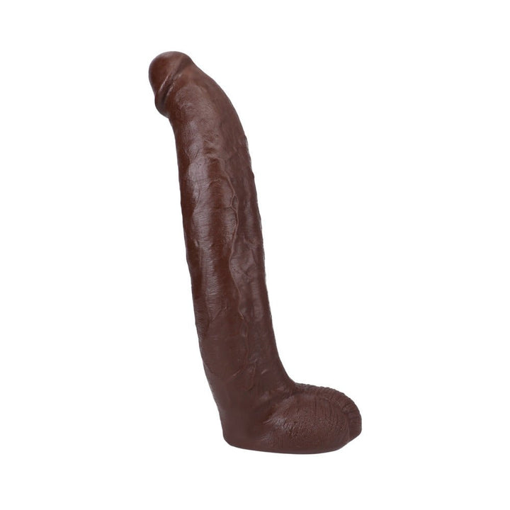 Chocolate-colored lifelike 13-inch ULTRASKYN dildo with textured veins and suction cup base.