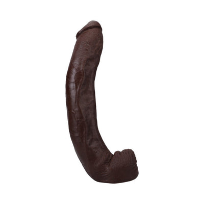 Chocolate-colored lifelike dildo with textured veins and removable suction cup base on white background.