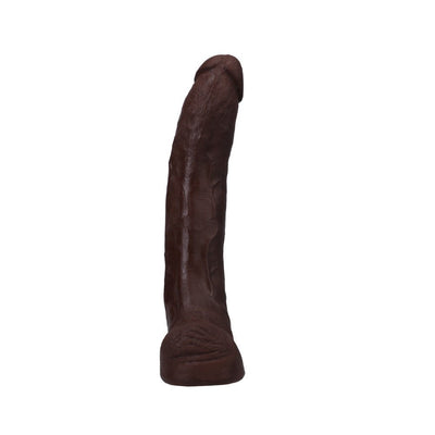 Lifelike 13.5-inch chocolate-colored ULTRASKYN dildo with textured veins and removable suction cup base.
