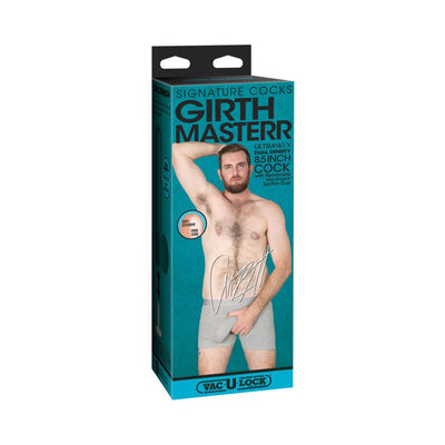 Packaging box for Signature Cocks Girthmasterr 8.5 inch Ultraskyn Vac-u-lock dildo featuring a shirtless man in gray shorts on a teal background.