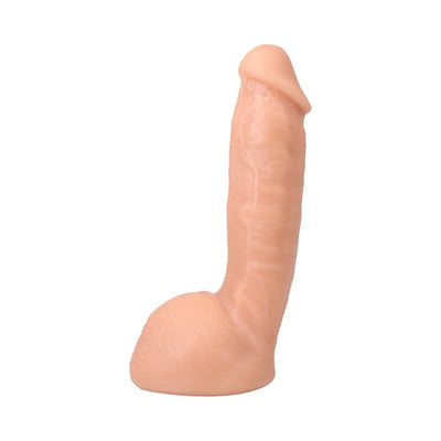 Realistic flesh-toned dildo with lifelike veins and textured base, standing upright on a white background.