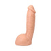 Realistic flesh-toned dildo with lifelike veins and textured base, standing upright on a white background.