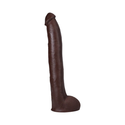 11-inch dark brown lifelike dildo with textured veins and realistic shape, made from dual density ULTRASKYN material.