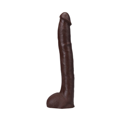 Dark brown lifelike 11-inch ULTRASKYN dildo with realistic texture and Vac-u-lock base for harness compatibility.