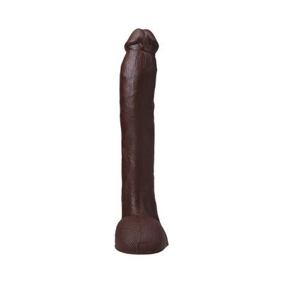Dark brown realistic dildo with detailed texture and a sturdy base, standing upright on a white background.