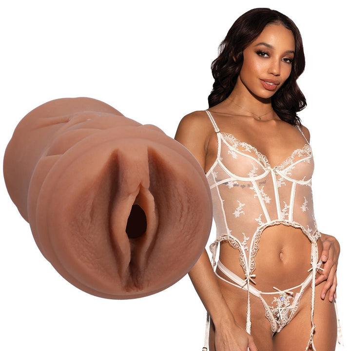 Caramel-colored Ultraskyn pocket stroker next to a woman in sheer white lace lingerie set.