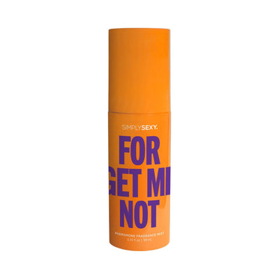 Orange Simply Sexy Forget Me Not pheromone body mist spray bottle with bold purple text design.