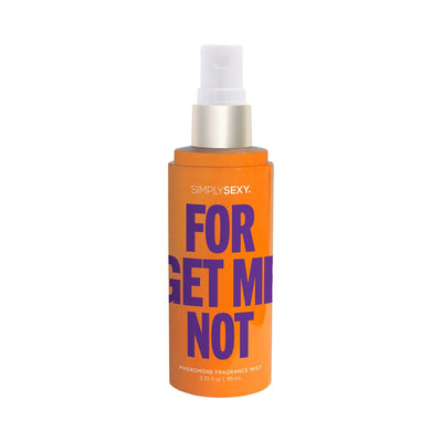 Simply Sexy Forget Me Not pheromone body mist in a 3.35oz orange spray bottle with bold purple text.