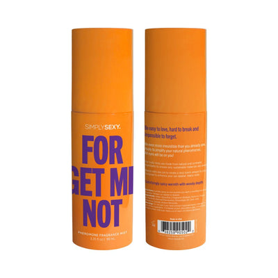 Orange Simply Sexy Forget Me Not pheromone body mist bottle showing front and back labels.