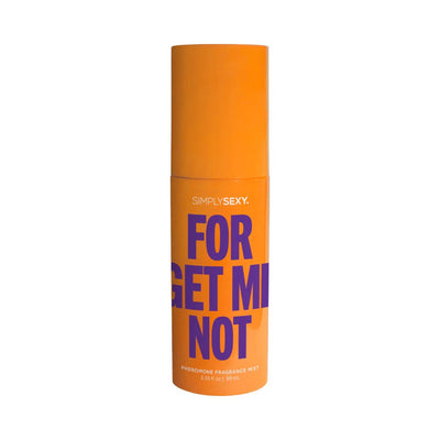 Orange bottle of Simply Sexy Forget Me Not pheromone body mist with bold purple text and 3.35oz size.