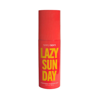 Red bottle of Simply Sexy Lazy Sunday pheromone body mist with bold yellow text on white background