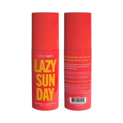 Front and back view of Simply Sexy Lazy Sunday pheromone body mist in a bright red 3.35oz spray bottle with yellow text.
