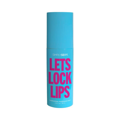 Blue bottle of Simply Sexy Let's Lock Lips pheromone body mist with bold pink lettering.