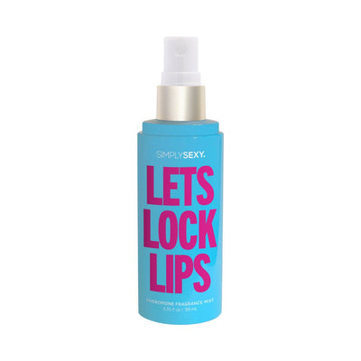 Blue bottle of Simply Sexy Let's Lock Lips pheromone body mist with pink bold text and white spray top