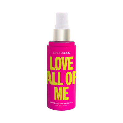 Bright pink Simply Sexy Love All Of Me pheromone body mist bottle with yellow text and white spray top.